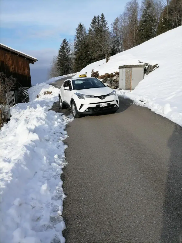 Nile Taxi auf einer verschneiten Bergstrasse im Kanton Schwyz