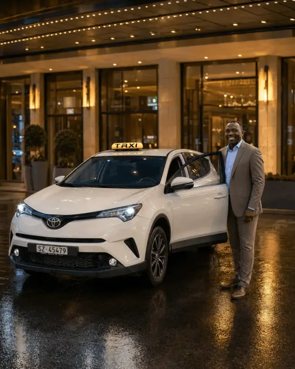 Nile Taxi Fahrer vor dem Fahrzeug